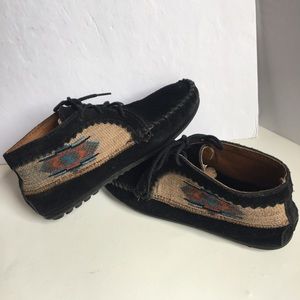 Minnetonka Black suede moccasins/tribal